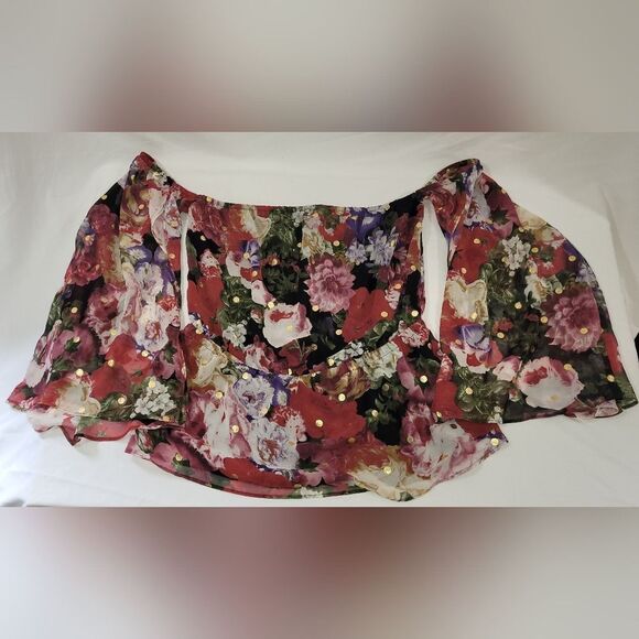 Express size small Floral red pink gold polka dot Off shoulder split sle… - Picture 5 of 8